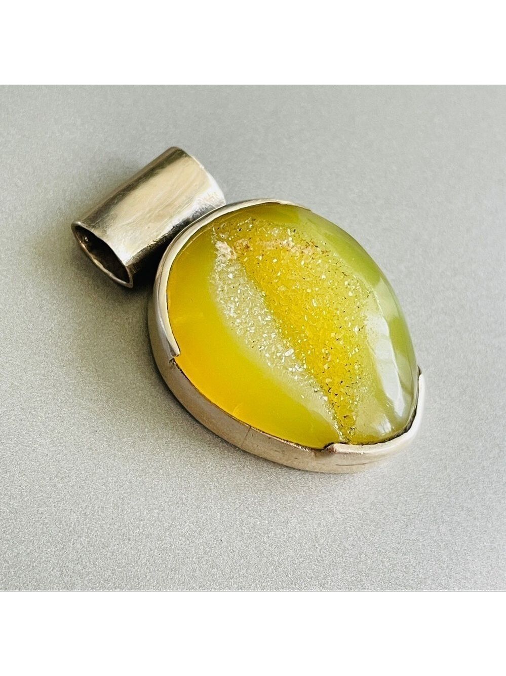 Natural Yellow Druzy Stone Sterling Silver Teardrop Pendant Vintage - Picture 4 of 6